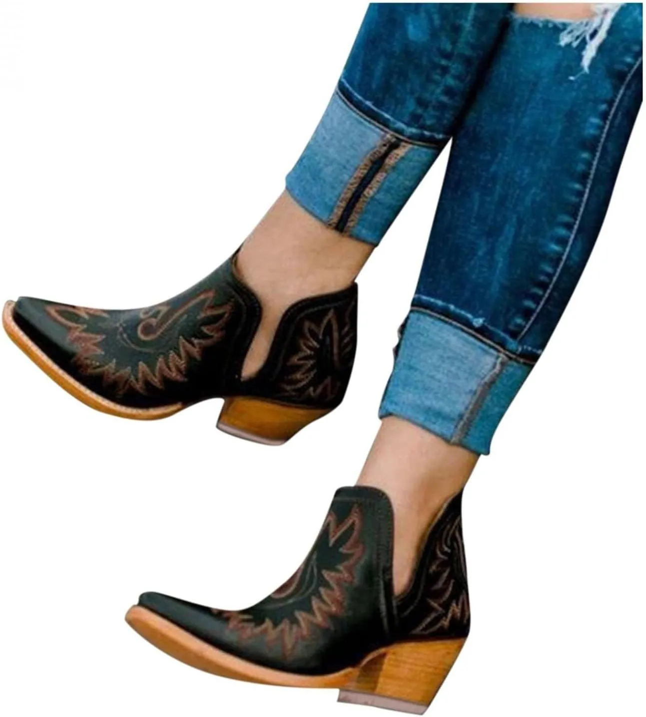 Western Cowboy Cowgirls Boots Ankle Booties for Women Boho V Cut Square Toe Chunky Block Mid Heels Slip On Short Boots