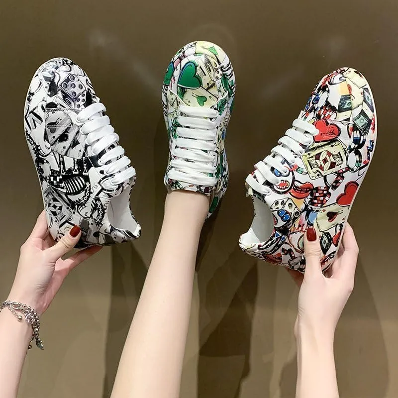 Women's Graffiti Printed Sneakers, Fashion Low top Sneakers, Casual Skates