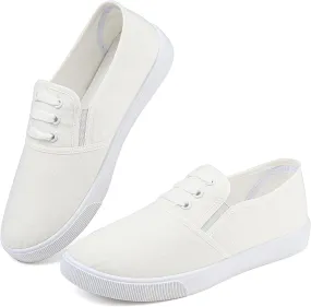 Womens White Canvas Sneakers Lightweight Lace Up Fashion Comfortable Canvas Shoes Low Top Slip On Casual Tennis Walking Shoes Women Footwear